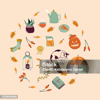 istock Set of different autumn elements: falling leaves, cat, candle, socks, tea, pumpkin and other. Hello Autumn. Hand drawn vector illustrations. Cute print for clothes, posters, cards, books and magazines 1528609688