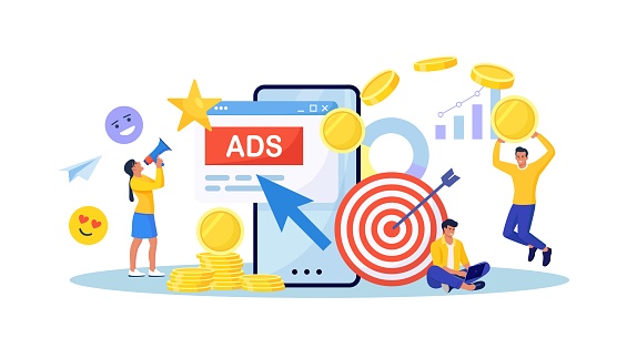 Pay Per Click concept. Advertising marketing in the internet. PPC business, CPC technology, sponsored listing. Tiny characters standing near phone screen with cursor clicking on ad button. Web search