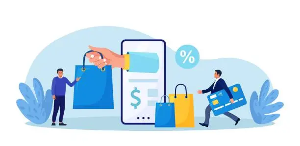 Vector illustration of Internet shopping or fast safe delivery service. Courier man hand holding shopping bag coming out from smartphone screen. Online order and payment by mobile phone app. Internet e-commerce