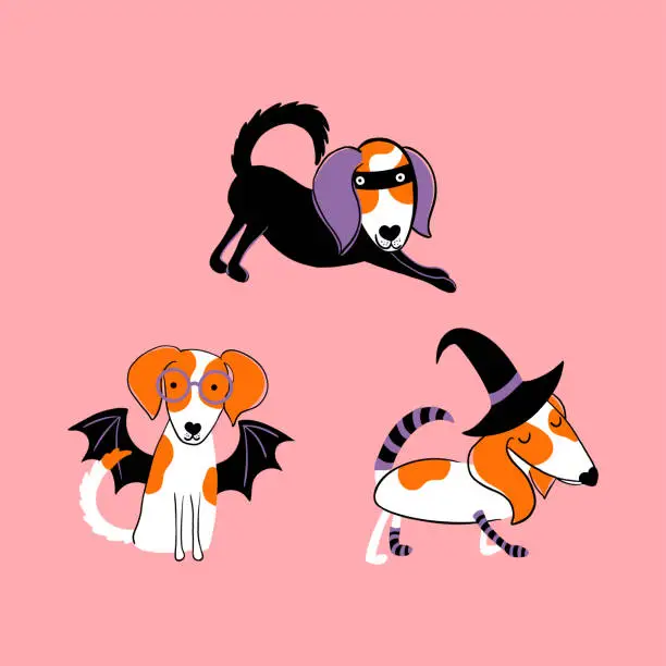 Vector illustration of Cute vector characters. Halloween party. Puppies wearing masquerade costumes. Vector illustration for invitation, fabric, kids clothes.