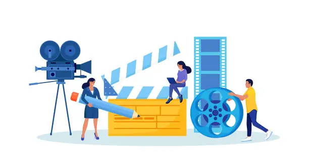 Vector illustration of People Recording, Making Movies at Cinema. Shooting Crew Making Films. Movie Director with Megaphone, Clapperboard, Reel. Filming Production Staff, Film Industry. Cinematography Process, Entertainment