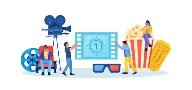 Vector illustration of Online cinema art movie watching with popcorn bucket, 3d glasses, soda drinks and filmstrip, film reel. Cinematography concept. Film production. Movie premiere show announcement