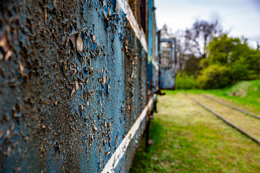 istock Old electric train wagon perpective background 1528641107