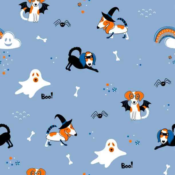 Vector illustration of Halloween theme seamless pattern with cute pets characters. Hand drawn background with dogs in carnival costumes. Cute holiday repeated texture.