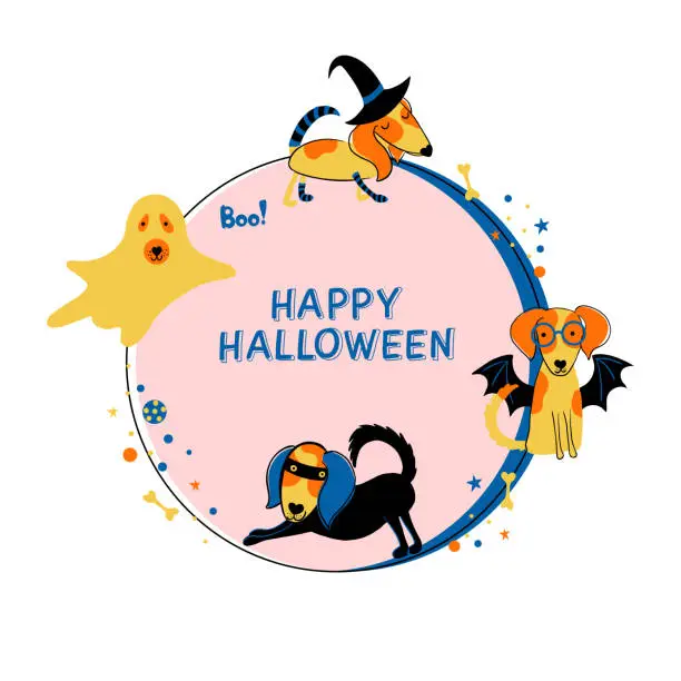 Vector illustration of Happy Halloween. Cute print with dogs, great design for Halloween pet party. Flat illustration with funny hand drawn characters. Vector illustration design for posters, textiles, invitation cards.