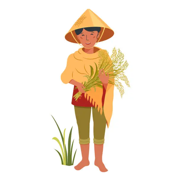 Vector illustration of Asian farmer growing rice. Vietnamese woman in a hat with bunch of ears. Agricultural worker