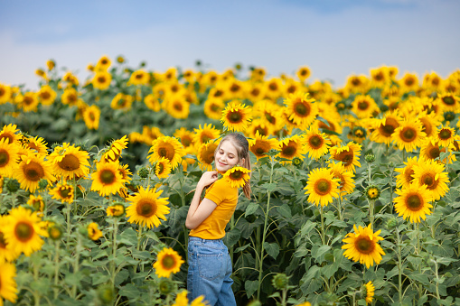 Teen girl hugging sunflower in blooming field. Hello august. Concept of beuty, fun, freedom and happiness. Wonderful life.  Selective focus.