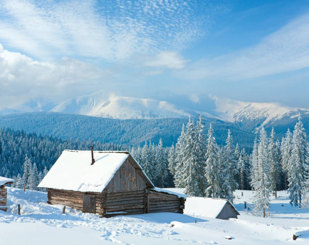 istock winter calm mountain landscape with shed and mount ridge behind (Kukol Mount, Carpathian Mountains, Ukraine) 1528661781