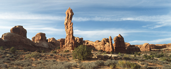 Rock Pinnacles at the north end of The Great Wall, Arches National Park, Utah, USA.