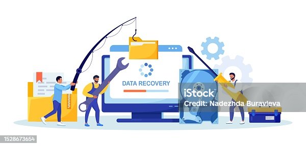 istock Tiny Characters in Worker Uniform Repairing HDD. Restoration Process. Data Recovery Service, Data Storage Backup and Protection. Hardware Disk Repair Service. Documents, Database Security 1528673654
