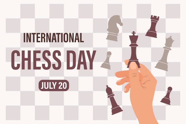 międzynarodowy dzień szachów. 20 lipca. ręka trzyma figury szachowe. świąteczny baner, ilustracja - chess mate stock illustrations