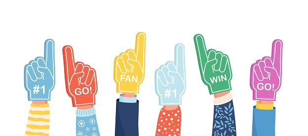 Set of colorful foam hand. Cheering Sports Fans. Fan foam fingers for show support for a team on championship game. Encouragement symbol. Number one and best