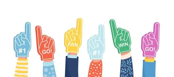 Vector illustration of Set of colorful foam hand. Cheering Sports Fans. Fan foam fingers for show support for a team on championship game. Encouragement symbol. Number one and best