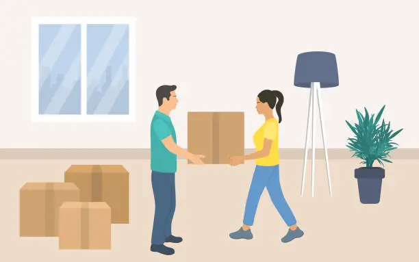 Vector illustration of Moving To A New House. Cardboard Boxes, Floor Lamp And Potted Plant In Living Room. Young Couple Holding Cardboard Box