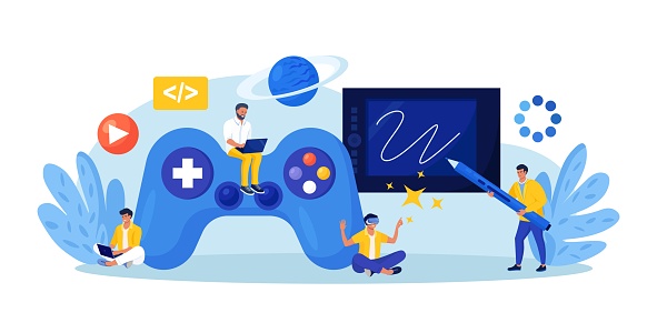 Game development. Creative process of video game design. Programming, digital technology and coding. Virtual world development, interactive design visualization. VR space exploring and simulation