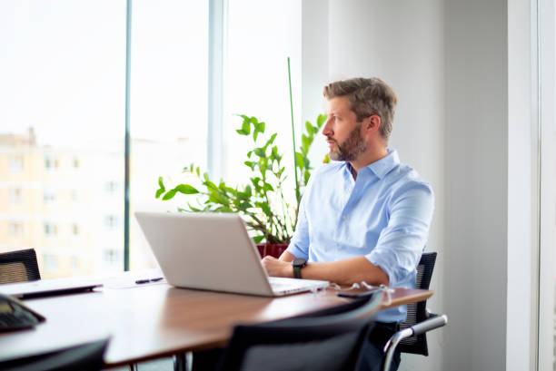 istock Mid aged businessman sitting at office and using laptop for work 1528722632