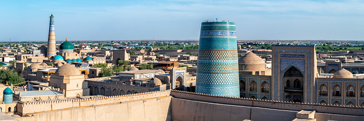 A panoramic photo of the centre of Khiva in Uzbekistan taken from a high tower of a madrassa