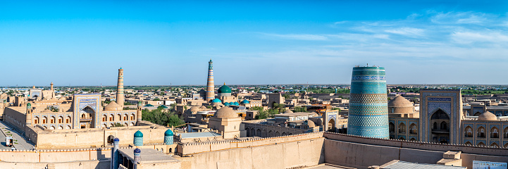A panoramic photo of the centre of Khiva in Uzbekistan taken from a high tower of a madrassa
