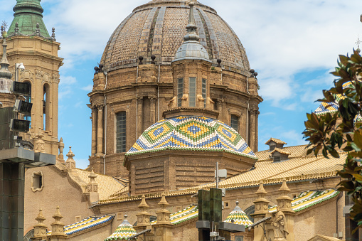 Closeup, beautiful tiled domes in Basilica del Pilar in Zaragoza