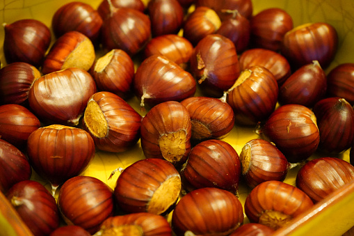 Close up of uncooked chestnuts on a yellow baking tray