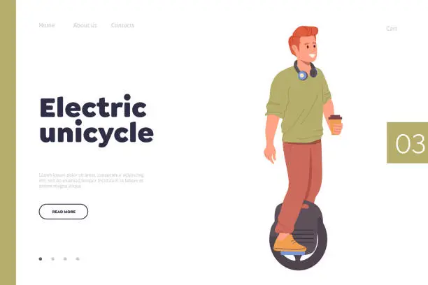 Vector illustration of Electric unicycle landing page design template with happy teen boy riding ecology wheeled transport