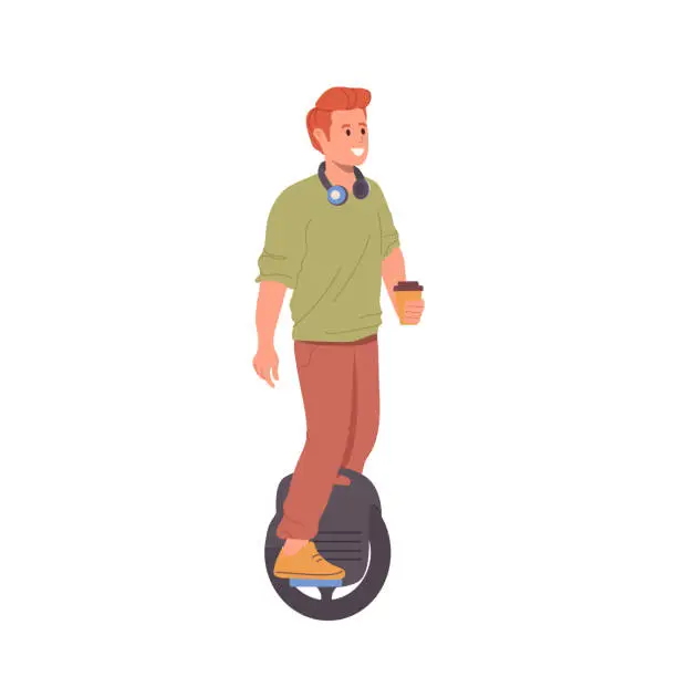 Vector illustration of Happy hipster teenager boy riding monocycle electric self balancing scooter isolated on white
