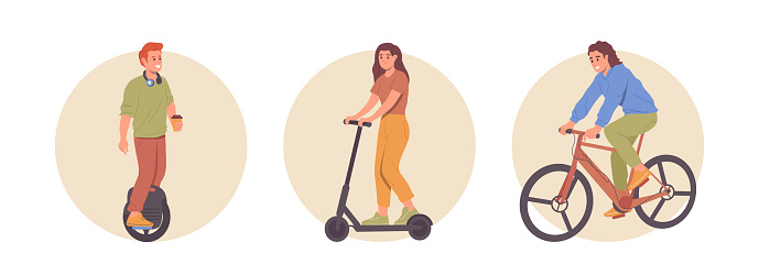 Isolated set of round icon composition of happy people character using eco-friendly electric vehicle. Vector illustration of man and woman riding monocycle, kick scooter and bicycle for transportation