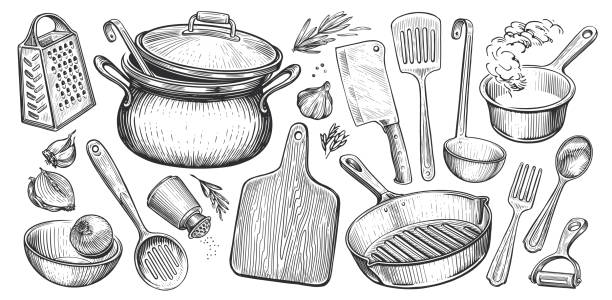 illustrazioni stock, clip art, cartoni animati e icone di tendenza di set di utensili da cucina per cucinare. concetto alimentare. schizzo illustrazione vettoriale vintage per menu ristorante o cena - articoli-casalinghi