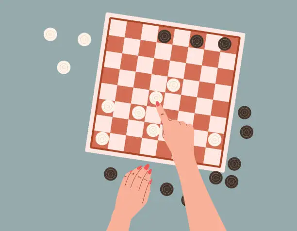 Vector illustration of Flat People playing checkers, top view. Hands making a move in a logic board game. Cartoon isolated vector chess board.