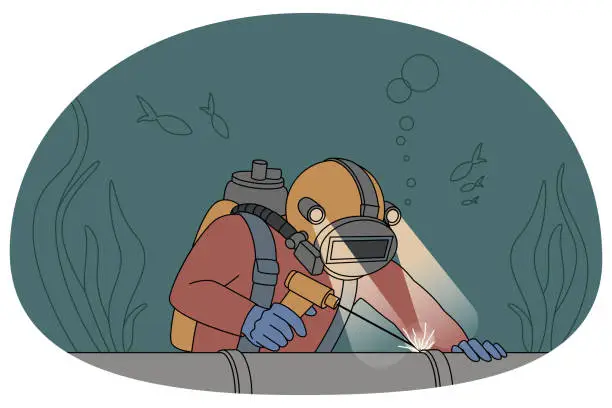 Vector illustration of Diver in uniform repair pipe underwater