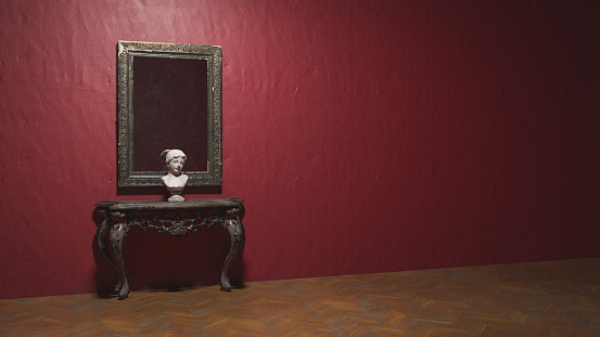 Retro mirror in a red room with copy space