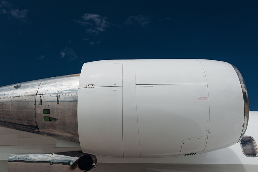 Private jet airplane engine close up