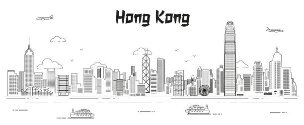 illustrations, cliparts, dessins animés et icônes de illustration vectorielle de l’art de la ligne d’horizon de hong kong - hong kong skyline panoramic china
