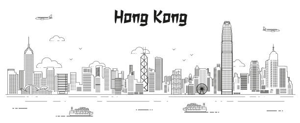 ilustrações de stock, clip art, desenhos animados e ícones de hong kong skyline line art vector illustration - hong kong skyline panoramic china