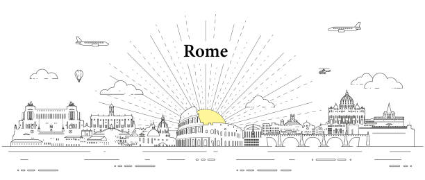 векторная иллюстрация линии горизонта рима - castel santangelo stock illustrations
