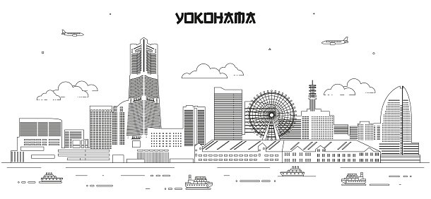 Yokohama skyline line art vector illustration