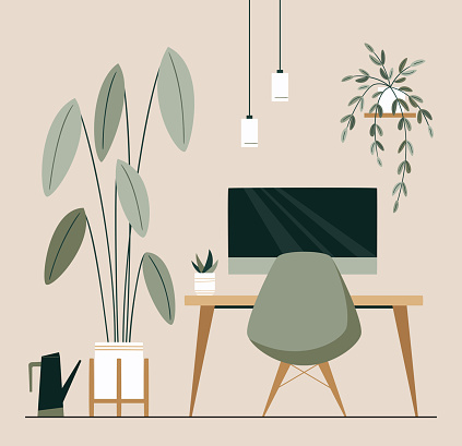 Workspace with desk, desktop computer, plant in earth tones. Green Office Concept. Modern minimalistic interior design. Japandi or Scandinavian interior style.