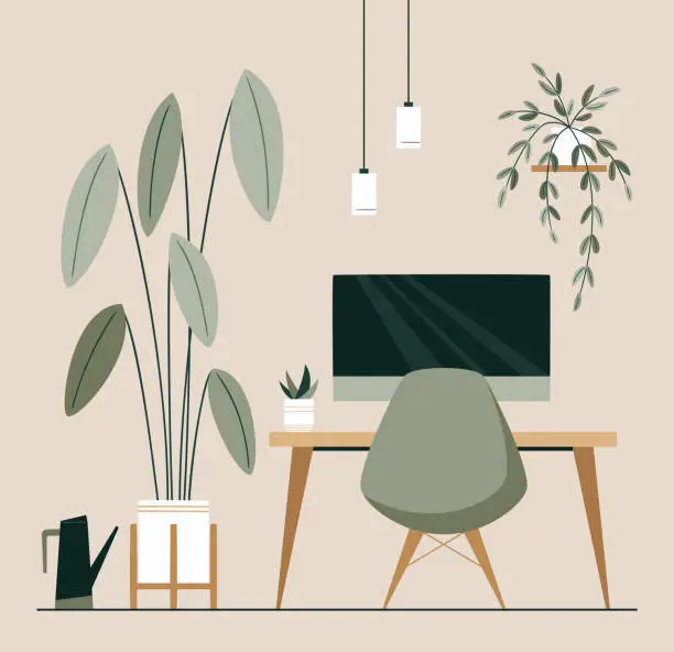 Vector illustration of Workspace with desk, desktop computer, plant in earth tones. Green Office Concept. Modern minimalistic interior design. Japandi or Scandinavian interior style