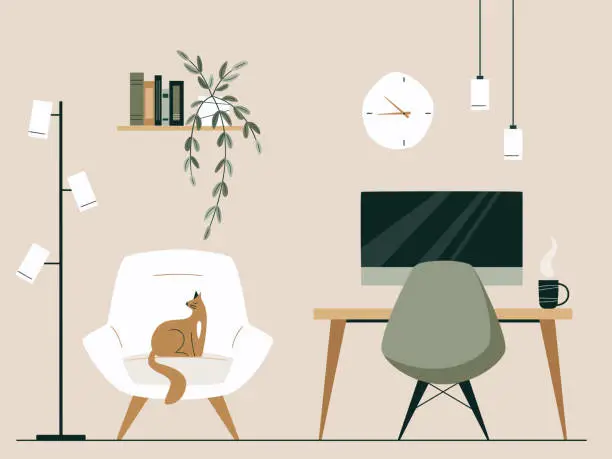 Vector illustration of Workspace with desk, desktop computer, plant in earth tones. Lounge chair with floor lamp and cat Home Office Concept. Modern minimalistic interior design. Japandi or Scandinavian interior style