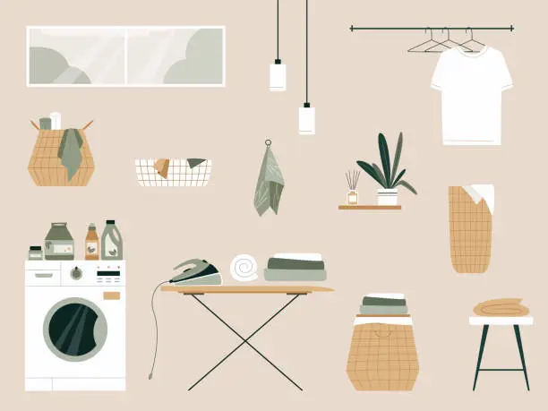 Vector illustration of Laundry room interior elements. Vector illustration. Washing machine, ironing board, basket with dirty stained linen, equipment, accessories and plants. Japandi or Scandinavian interior