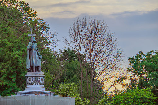 View of the Monument to Prince Vladimir protected of the missile strike, Vladimir Hill park. Photo of the spring city of Kyiv - the capital of Ukraine during the war