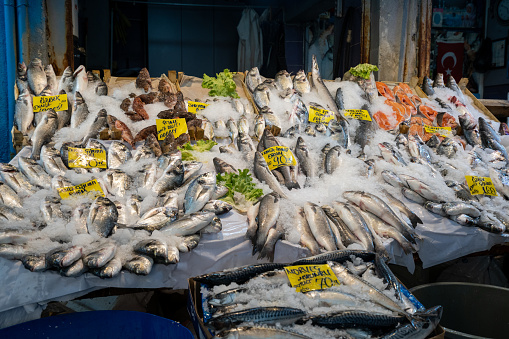 Fresh fish sale on the market stall.