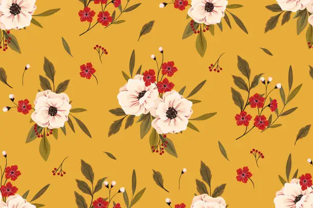 Vector illustration of Seamless floral pattern with vintage autumn botany: flowers, leaves, bouquets on a yellow background. Vector illustration.