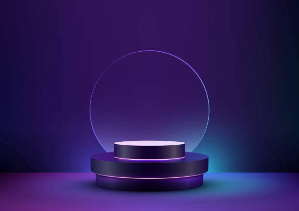 istock Futuristic 3D Podium Steps Showcase with Neon Colors on Dark Blue Background. Cyber Technology Concept 1528966730