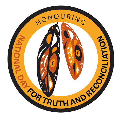 Vector illustration of National Day for Truth and Reconciliation label design with feathers typography design template. Fully editable vector eps. Use for advertisements, posters, web banners, leaflets, cards, t-shirt designs and backgrounds. First Nations, Inuit and Métis indigenous people of Canada.  Royalty free stock image.