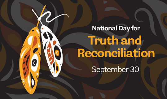 Vector illustration of National Day for Truth and Reconciliation banner design poster with pattern and feathers typography design template. Fully editable vector eps. Use for advertisements, posters, web banners, leaflets, cards, t-shirt designs and backgrounds. First Nations, Inuit and Métis indigenous people of Canada.  Royalty free stock image.