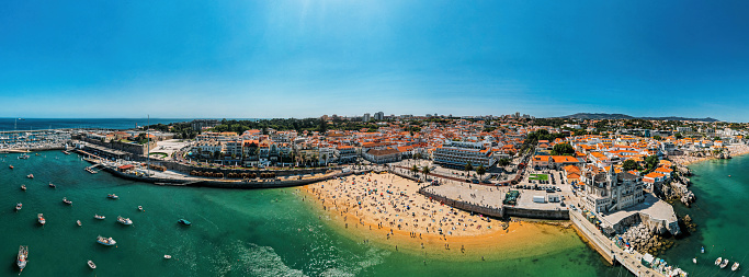 Portugal, Cascais near Lisbon, seaside town with beach and port panorama view