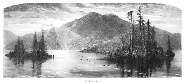 St. Regis Lake in the Adirondack Mountains, New York State, United States, American Geography St. Regis Lake in the Adirondack Mountains, New York State, USA. Pen and pencil, engraving published 1874. This edition edited by William Cullen Bryant is in my private collection. Copyright is in public domain. adirondack mountains stock illustrations