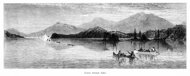 Lower Saranac Lake in the Adirondack Mountains, New York State, United States, American Geography Saranac Lake, lower part, in the Adirondack Mountains, New York State, USA. Pen and pencil, engraving published 1874. This edition edited by William Cullen Bryant is in my private collection. Copyright is in public domain. adirondack mountains stock illustrations