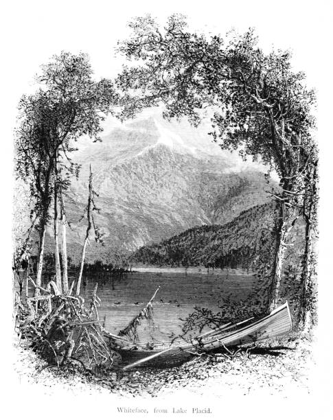 Whiteface Mountain viewed from Lake Placid in the Adirondack Mountains, New York State, United States, American Geography View from Lake Placid of Whiteface Mountain in the Adirondack Mountains, New York State, USA. Pen and pencil, engraving published 1874. This edition edited by William Cullen Bryant is in my private collection. Copyright is in public domain. adirondack mountains stock illustrations